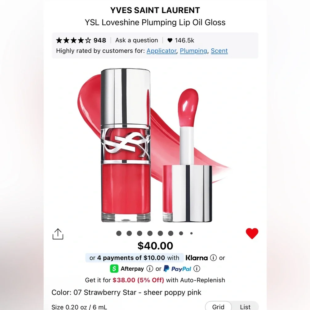 NIB Yves Saint Laurent Loveshine Olumoing Lip Oil Gloss Shade Strawberry Star
